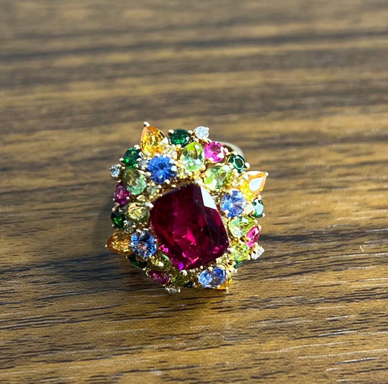 Multi Color Rainbow Ruby Sapphires Garnets Diamonds 18K Rose Gold Statement Ring