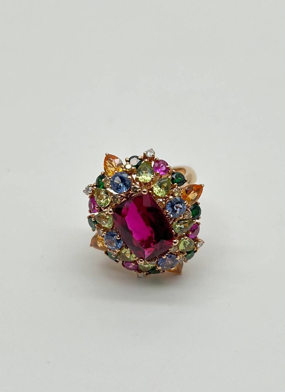 Multi Color Rainbow Ruby Sapphires Garnets Diamonds 18K Rose Gold Statement Ring