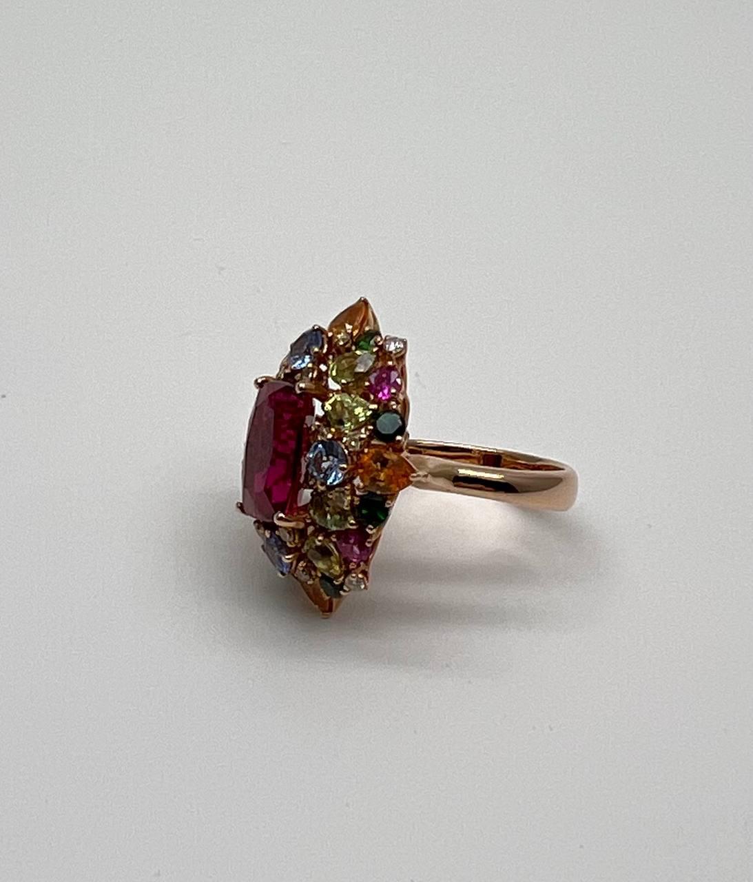 Multi Color Rainbow Ruby Sapphires Garnets Diamonds 18K Rose Gold Statement Ring