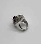 Rhodolite Garnet White Fancy Color Diamond 18 Karat White Gold Statement Ring