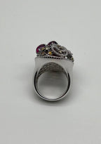 Rhodolite Garnet White Fancy Color Diamond 18 Karat White Gold Statement Ring