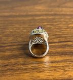 Rhodolite Garnet White Fancy Color Diamond 18 Karat White Gold Statement Ring