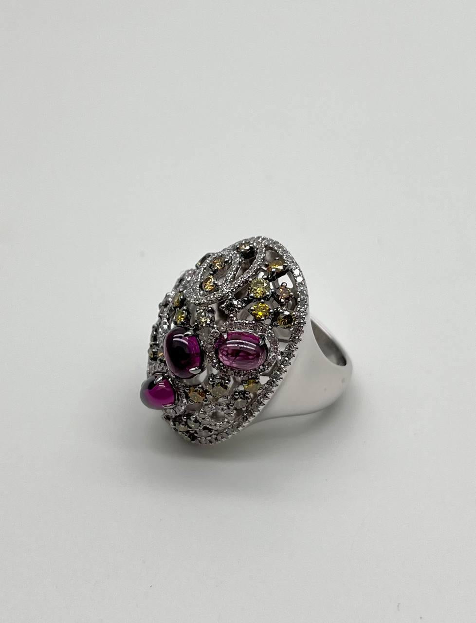 Rhodolite Garnet White Fancy Color Diamond 18 Karat White Gold Statement Ring