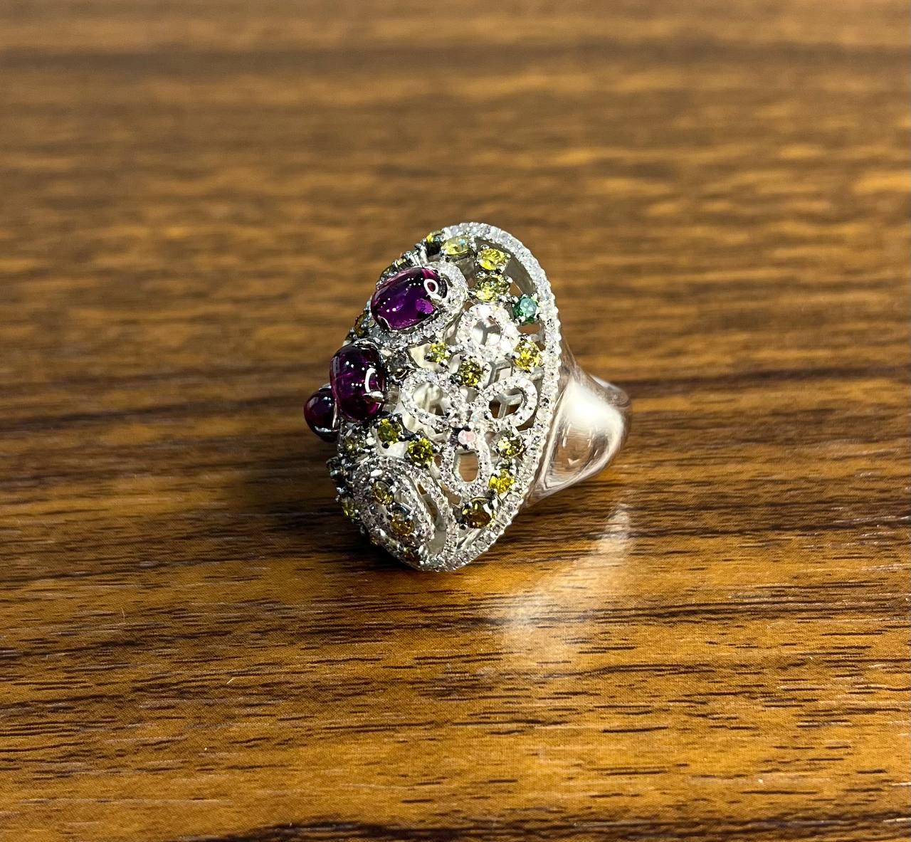 Rhodolite Garnet White Fancy Color Diamond 18 Karat White Gold Statement Ring