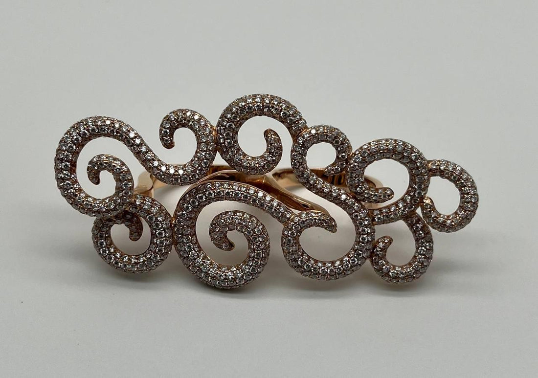 Double Finger Swirl Waves Diamond Pave 18K Rose Gold Statement Knuckle Ring