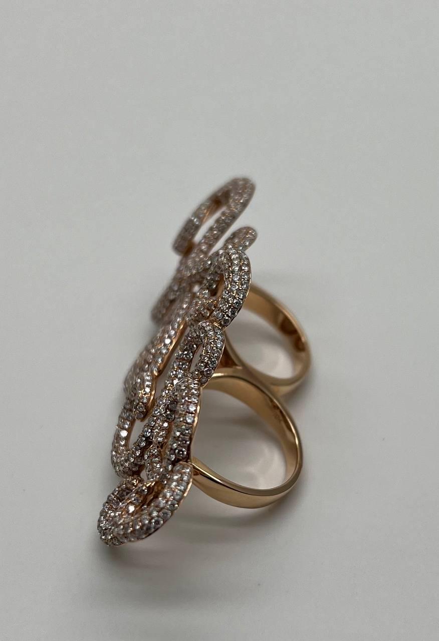 Double Finger Swirl Waves Diamond Pave 18K Rose Gold Statement Knuckle Ring