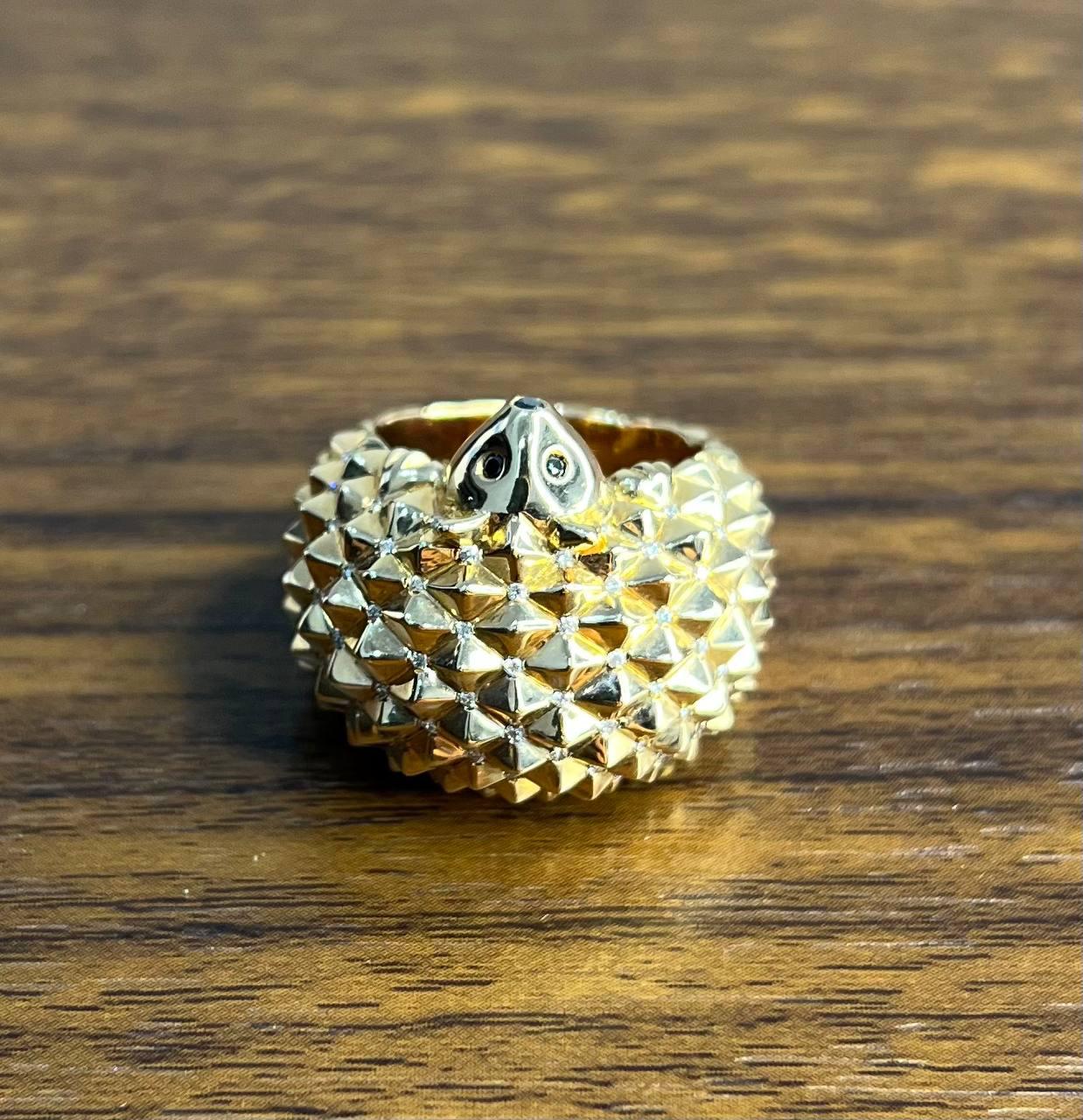 Hedgehog Spikey Emerald Eyes 18K Gold Statement Unique Cute Animal Ring