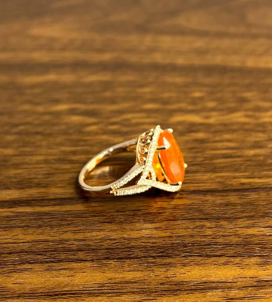 Oval Orange Fire Opal Diamonds Halo 14K Rose Gold Statement Classic Ring