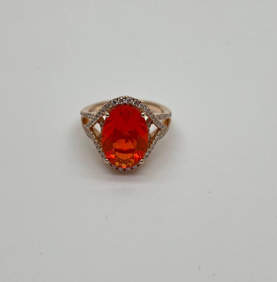 Oval Orange Fire Opal Diamonds Halo 14K Rose Gold Statement Classic Ring