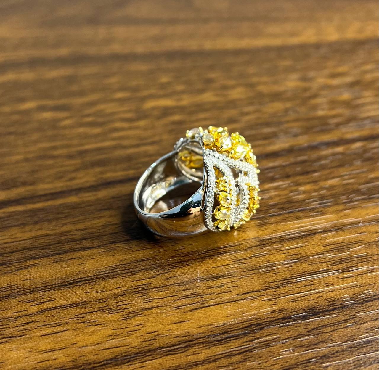 Fancy Cut Shape Yellow Sapphire White Diamond 18 Karat White Gold Statement Ring