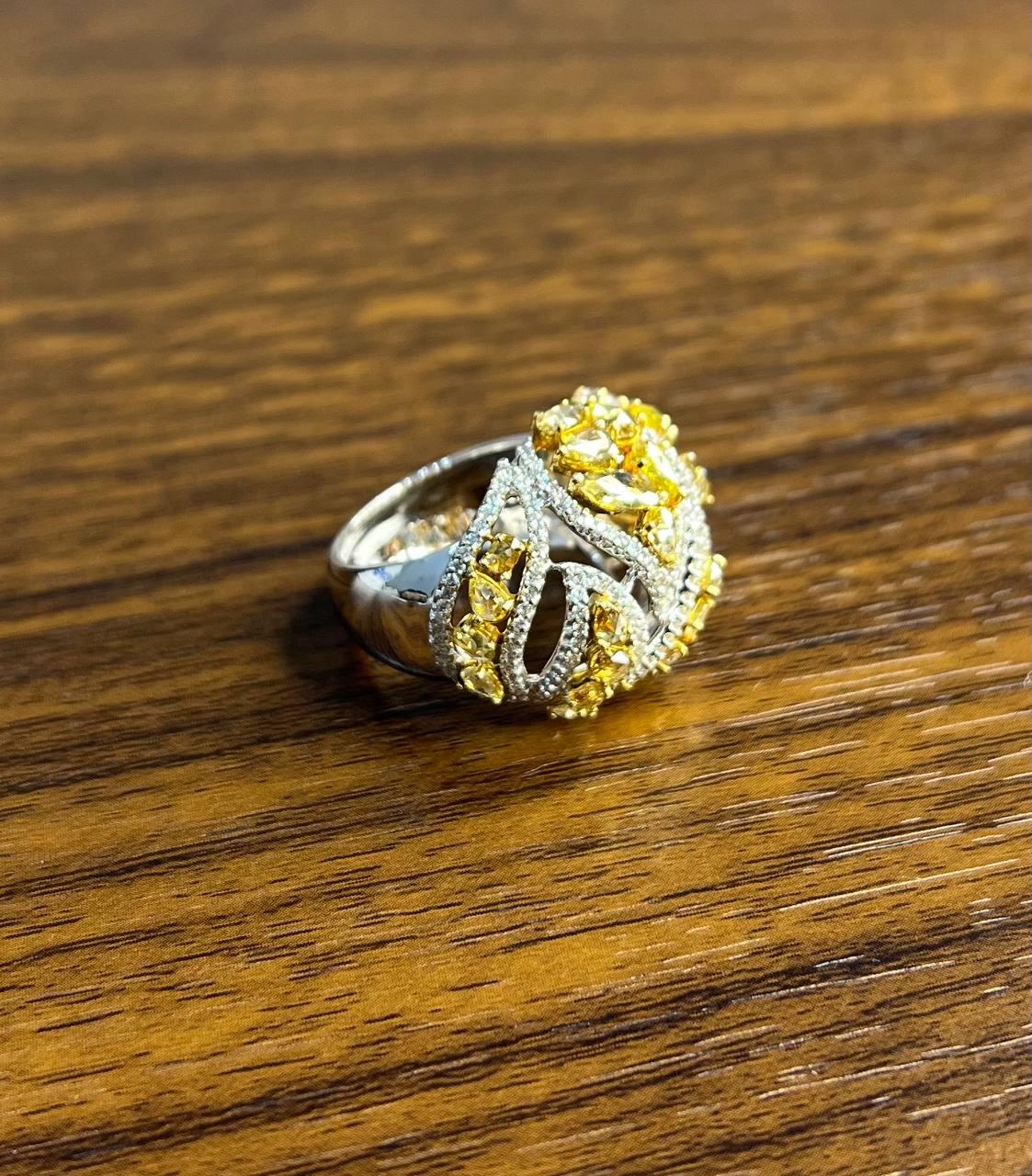 Fancy Cut Shape Yellow Sapphire White Diamond 18 Karat White Gold Statement Ring
