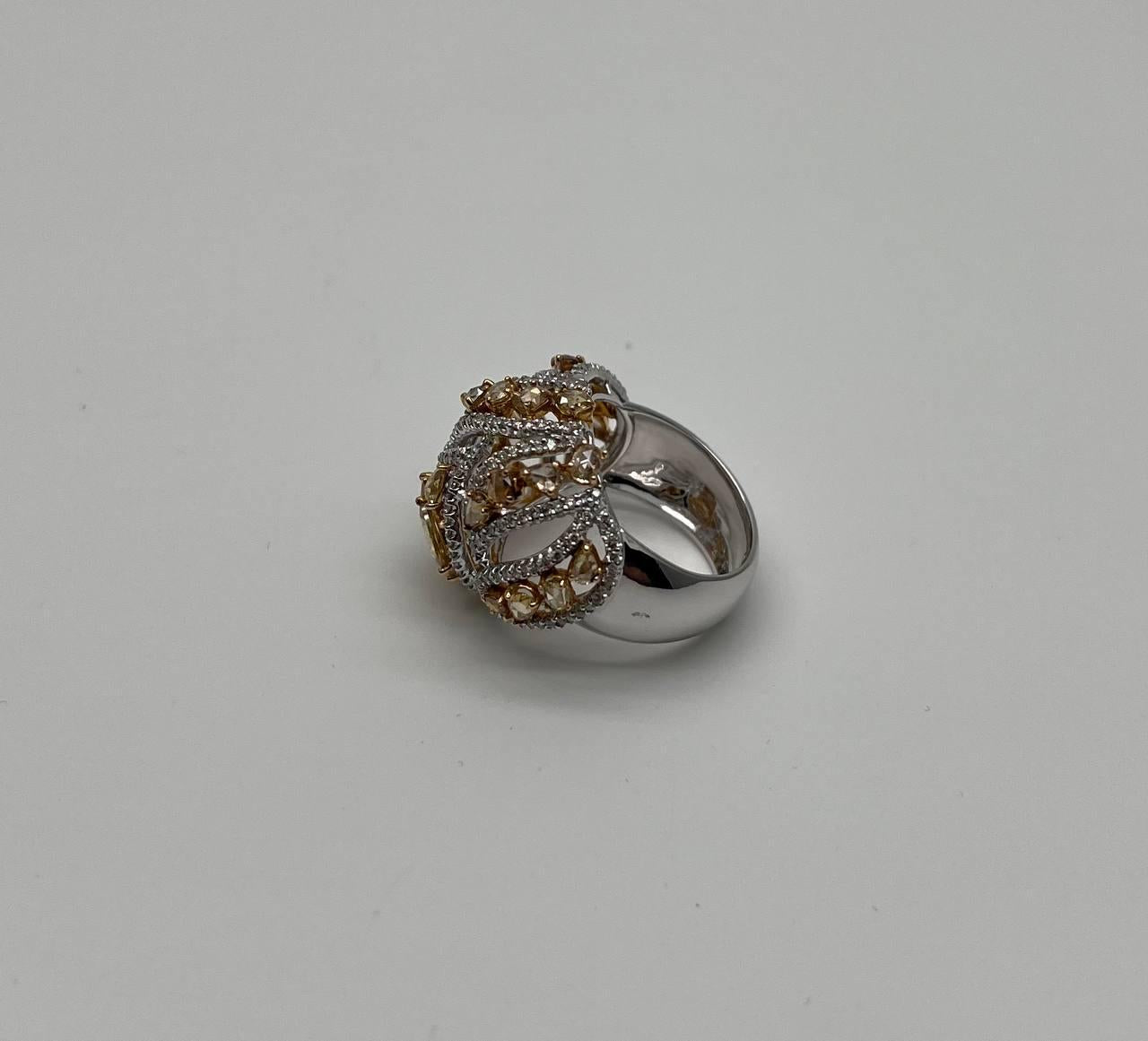 Fancy Cut Shape Yellow Sapphire White Diamond 18 Karat White Gold Statement Ring