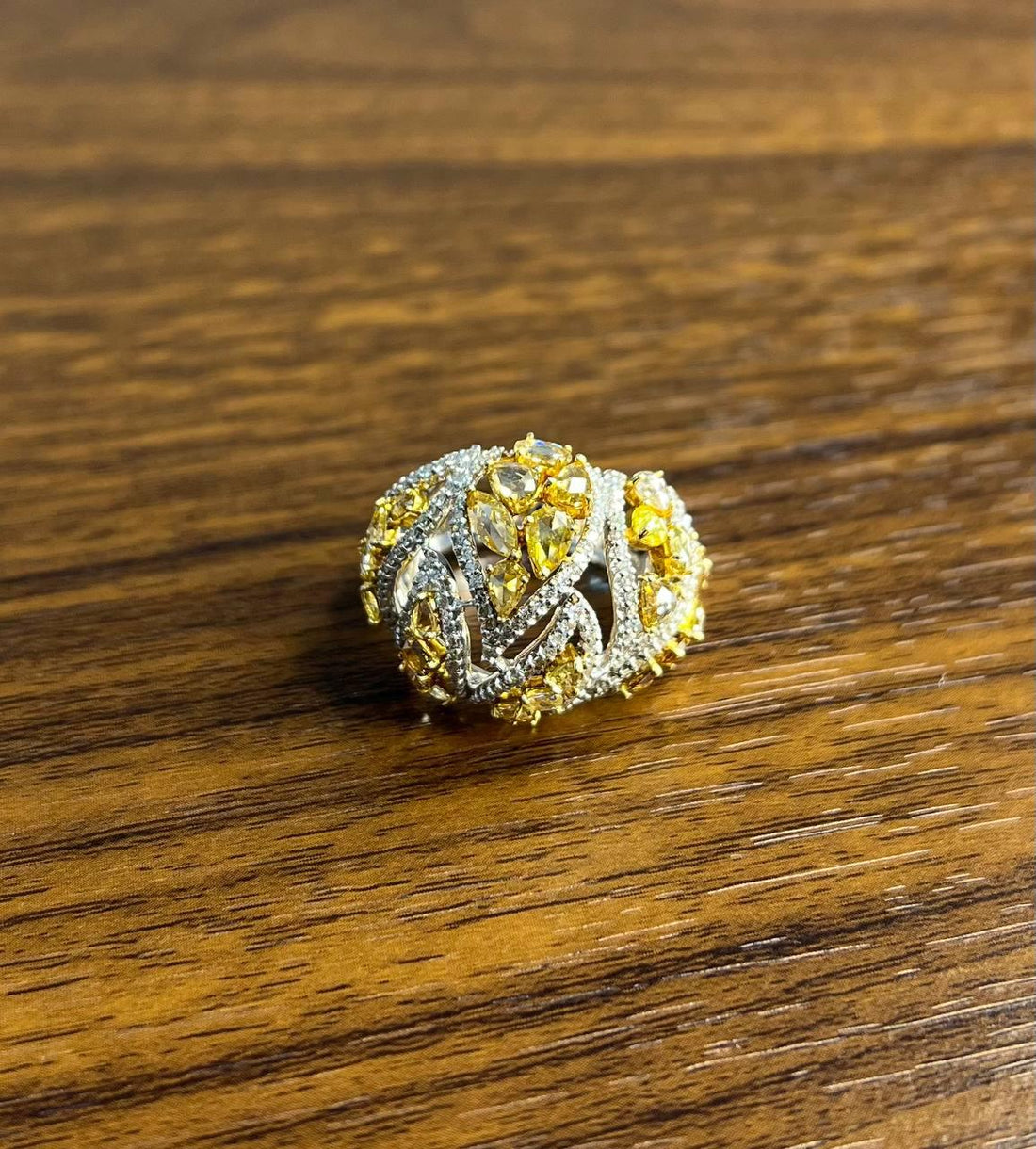 Fancy Cut Shape Yellow Sapphire White Diamond 18 Karat White Gold Statement Ring