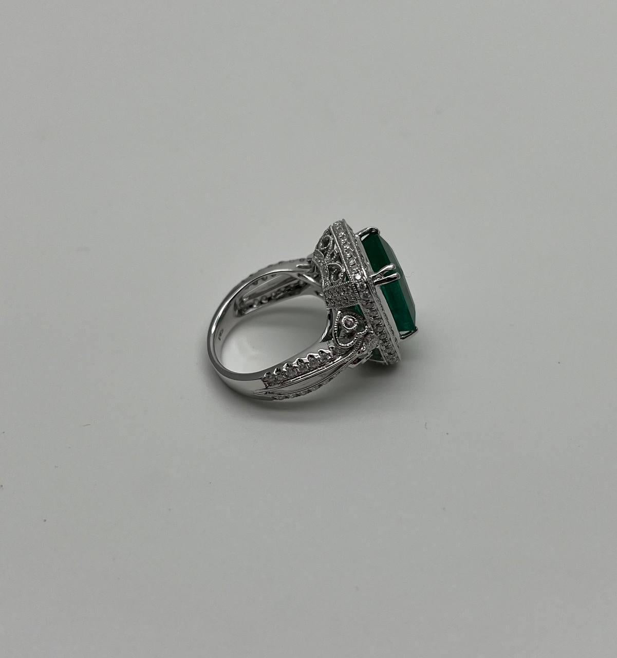 Emerald Cut Shape Emerald Halo Diamond 18K White Gold Classic Statement Ring