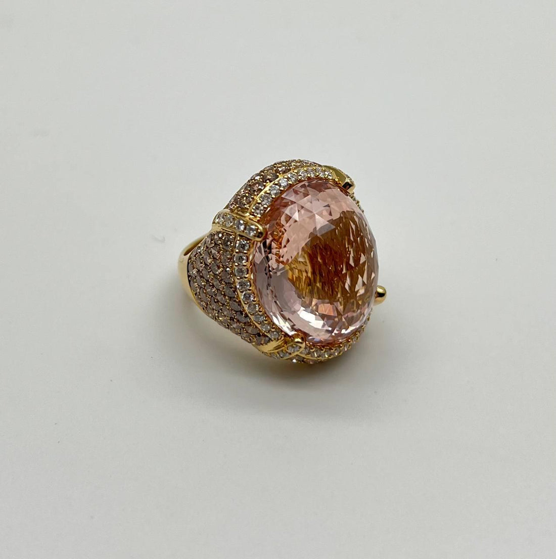 Oval Cut Peach Morganite Pave Fancy Diamonds Halo 14K Yellow Gold Statement Ring