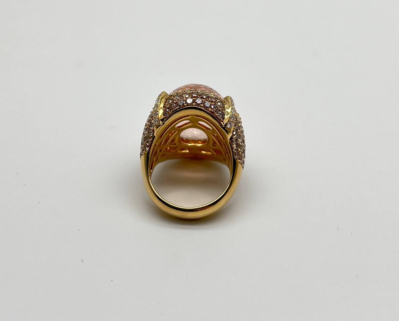 Oval Cut Peach Morganite Pave Fancy Diamonds Halo 14K Yellow Gold Statement Ring