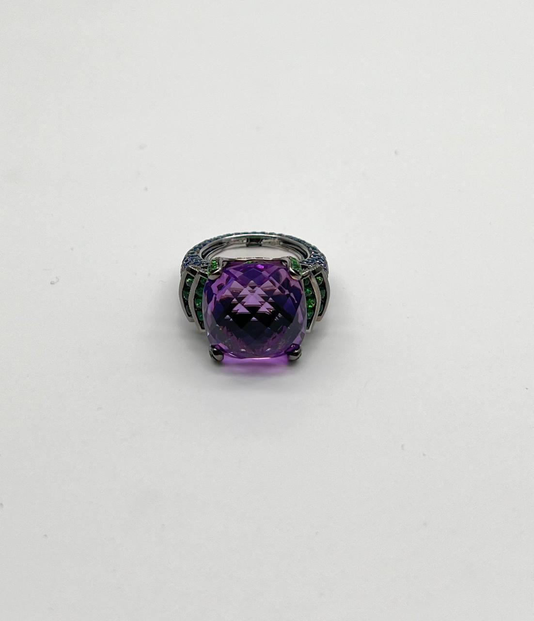 Cushion Shape Purple Amethyst Green Emeralds Blue Sapphire 18K White Gold Ring