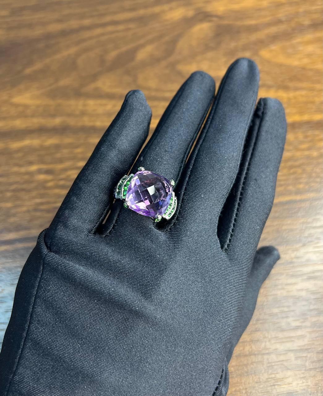 Cushion Shape Purple Amethyst Green Emeralds Blue Sapphire 18K White Gold Ring