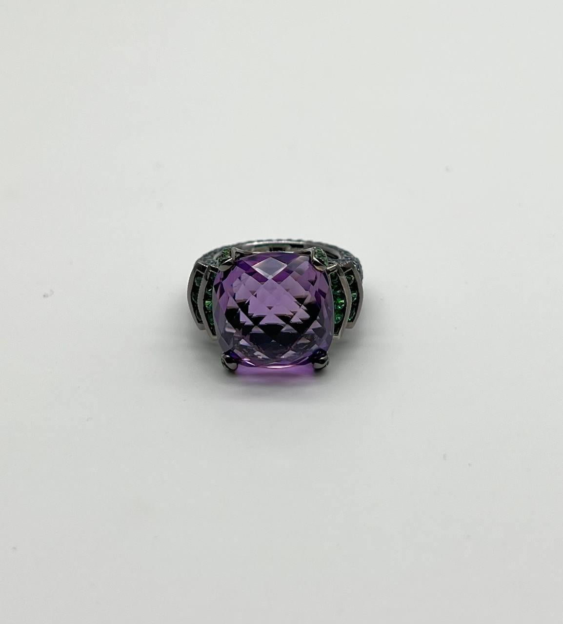 Cushion Shape Purple Amethyst Green Emeralds Blue Sapphire 18K White Gold Ring