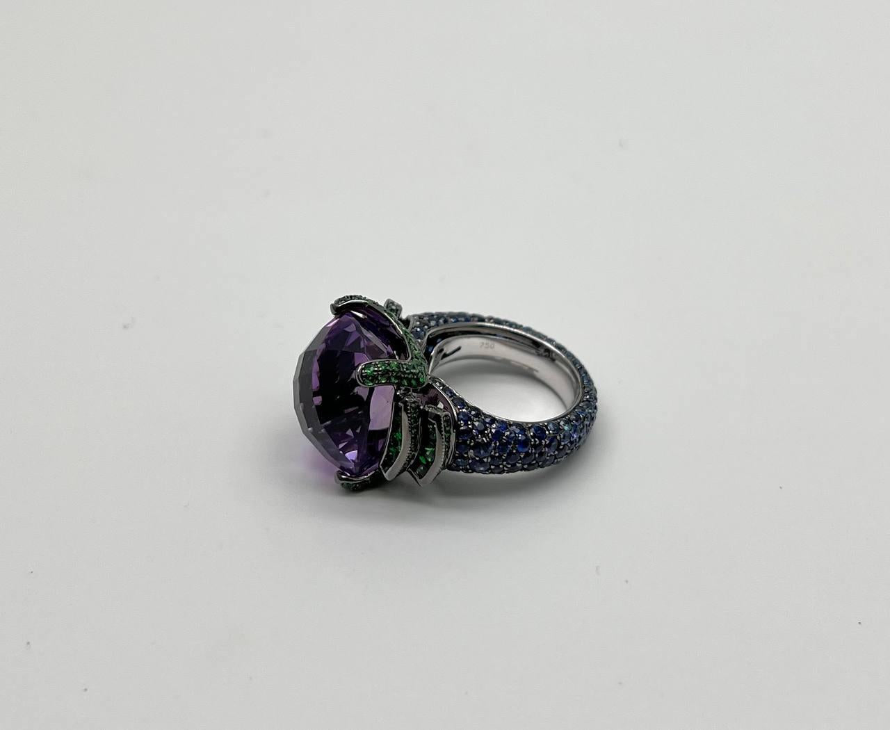 Cushion Shape Purple Amethyst Green Emeralds Blue Sapphire 18K White Gold Ring