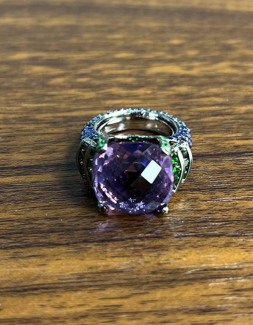 Cushion Shape Purple Amethyst Green Emeralds Blue Sapphire 18K White Gold Ring