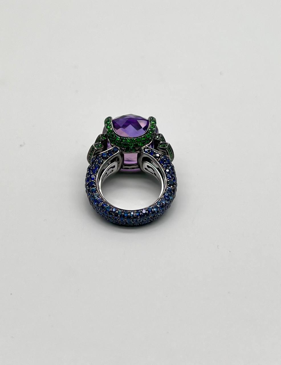 Cushion Shape Purple Amethyst Green Emeralds Blue Sapphire 18K White Gold Ring