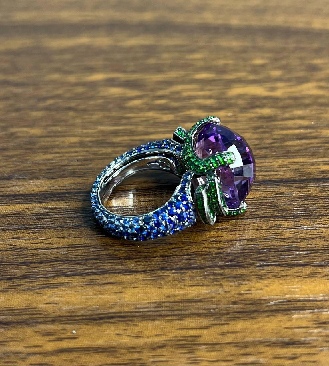Cushion Shape Purple Amethyst Green Emeralds Blue Sapphire 18K White Gold Ring