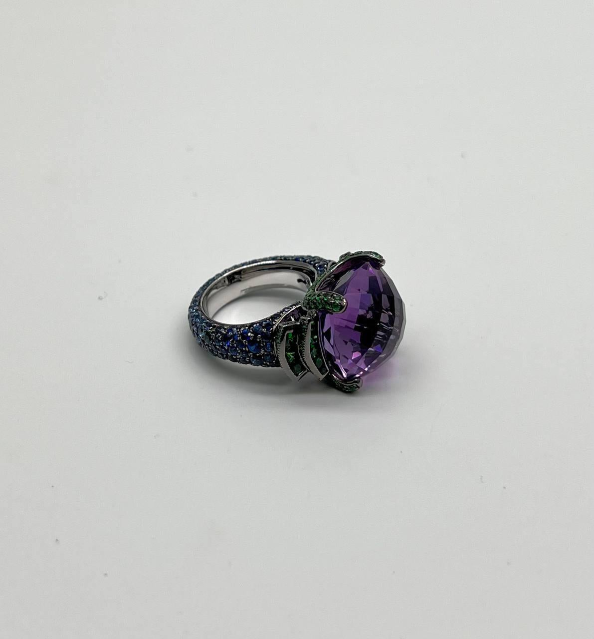 Cushion Shape Purple Amethyst Green Emeralds Blue Sapphire 18K White Gold Ring