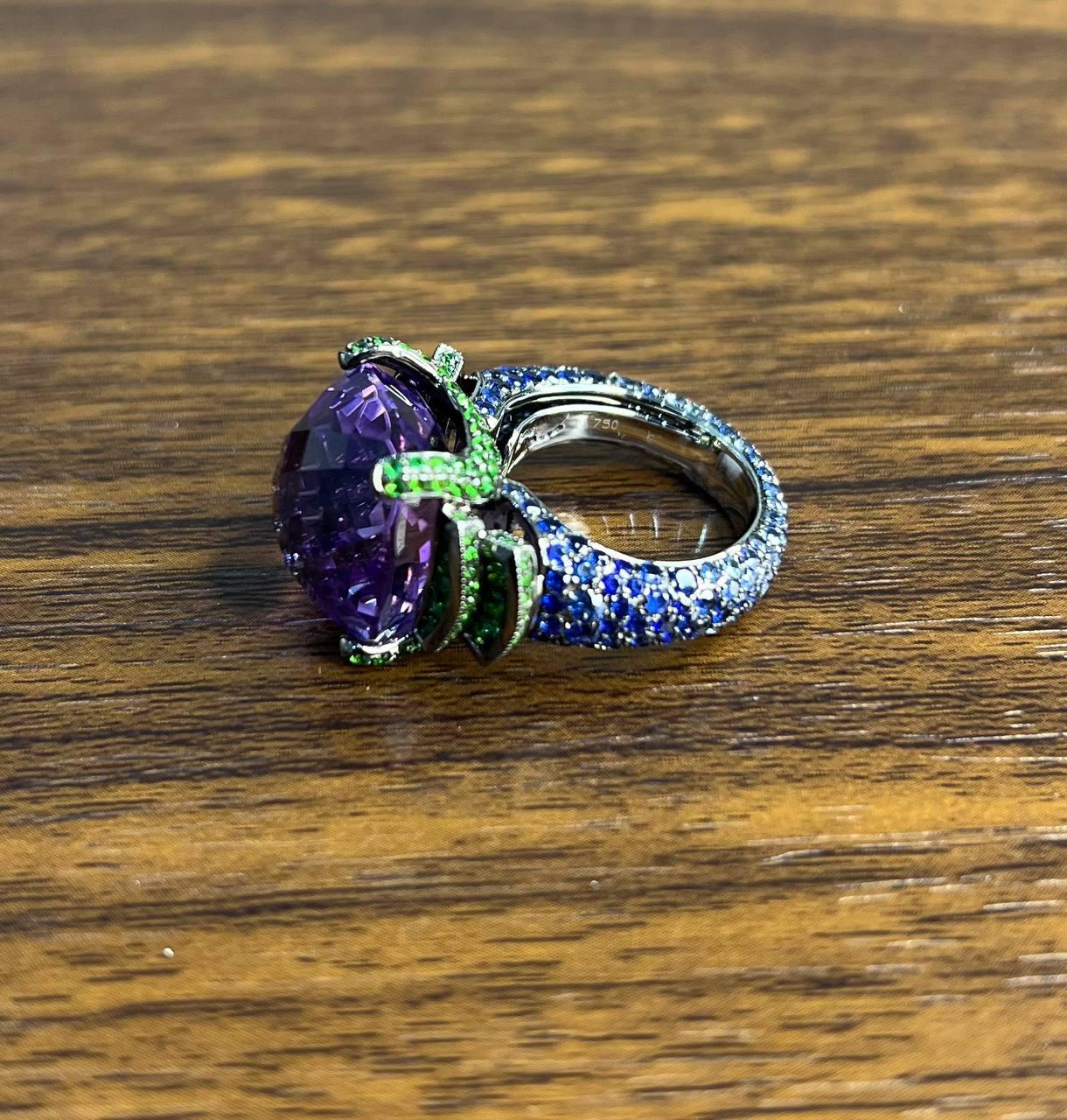 Cushion Shape Purple Amethyst Green Emeralds Blue Sapphire 18K White Gold Ring