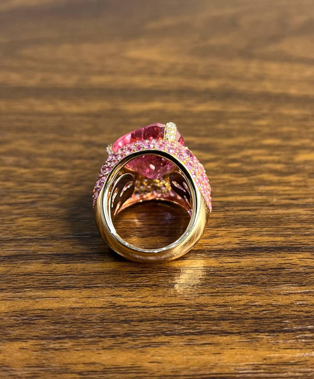 Pink Tourmaline Rubellite Pink Sapphire Diamond Pave 18K Rose Gold Unique Ring