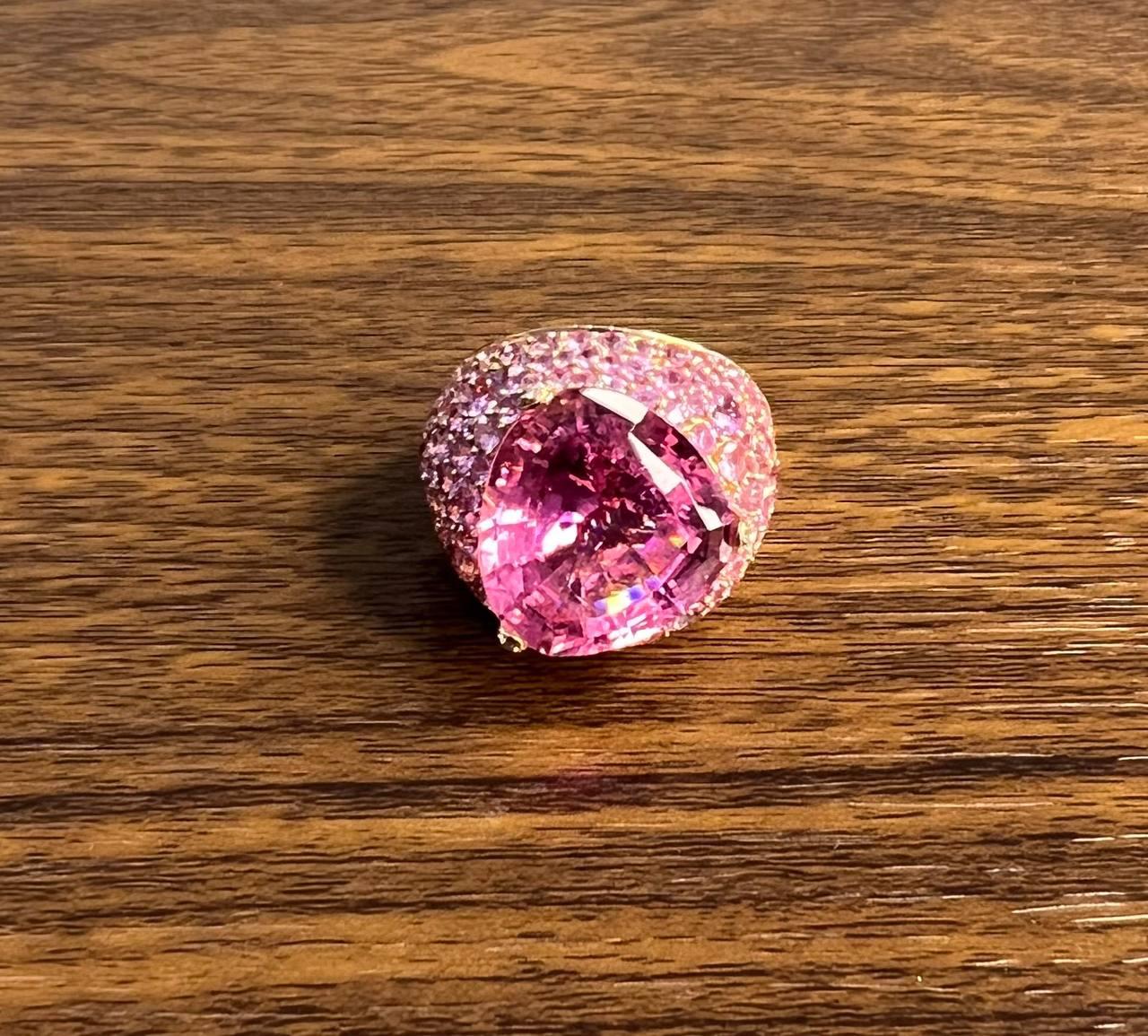 Pink Tourmaline Rubellite Pink Sapphire Diamond Pave 18K Rose Gold Unique Ring