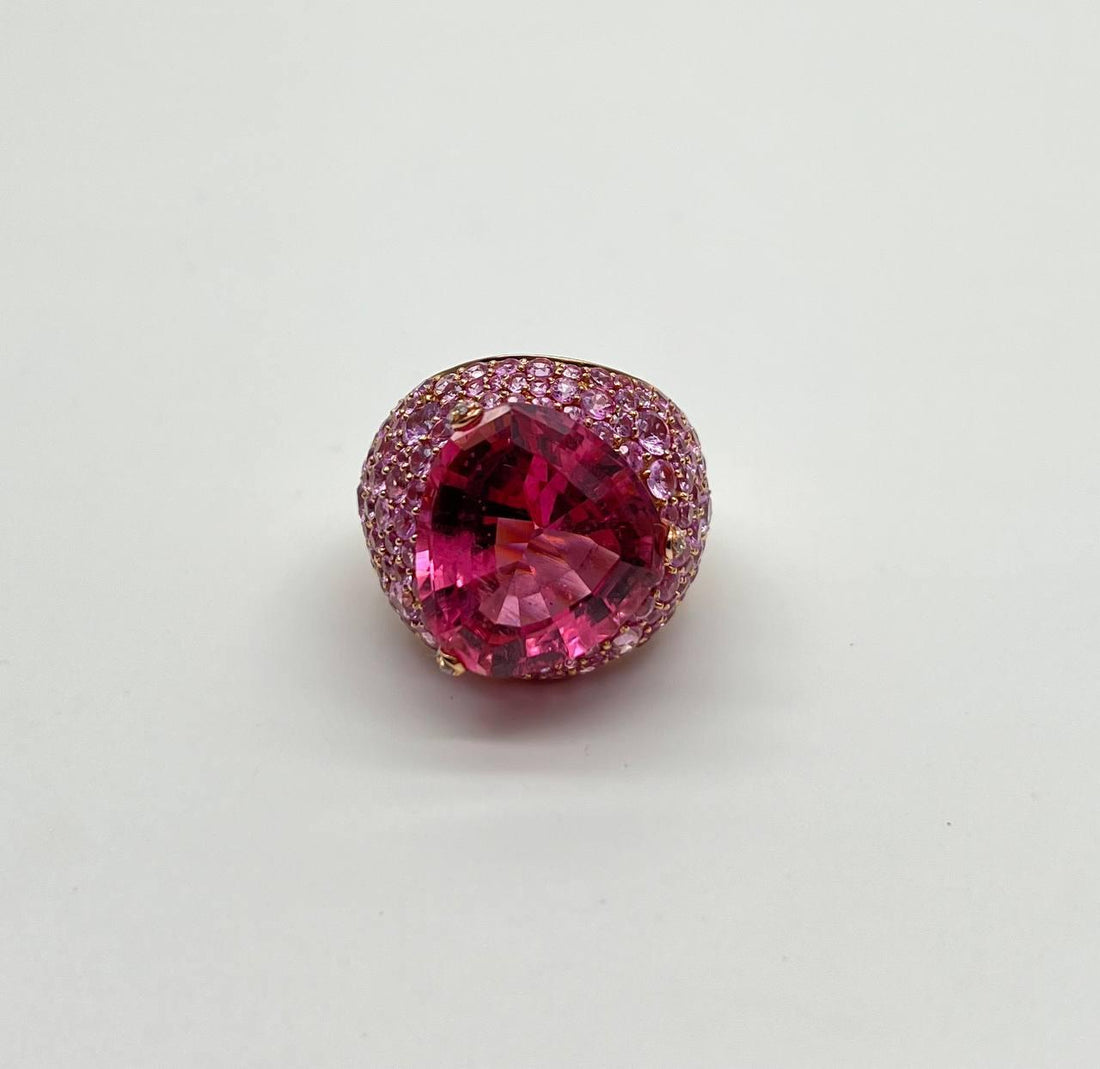 Pink Tourmaline Rubellite Pink Sapphire Diamond Pave 18K Rose Gold Unique Ring