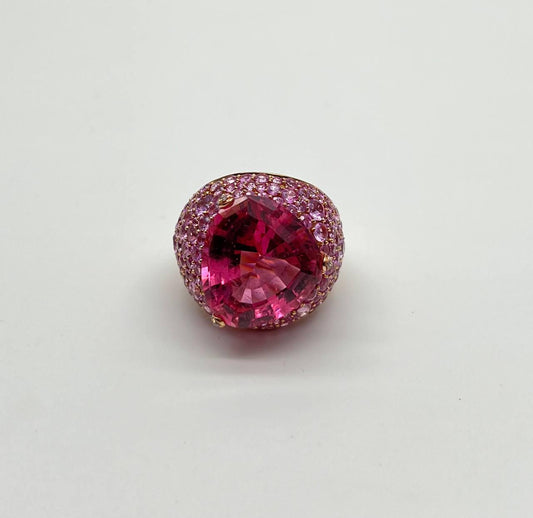 Pink Tourmaline Rubellite Pink Sapphire Diamond Pave 18K Rose Gold Unique Ring