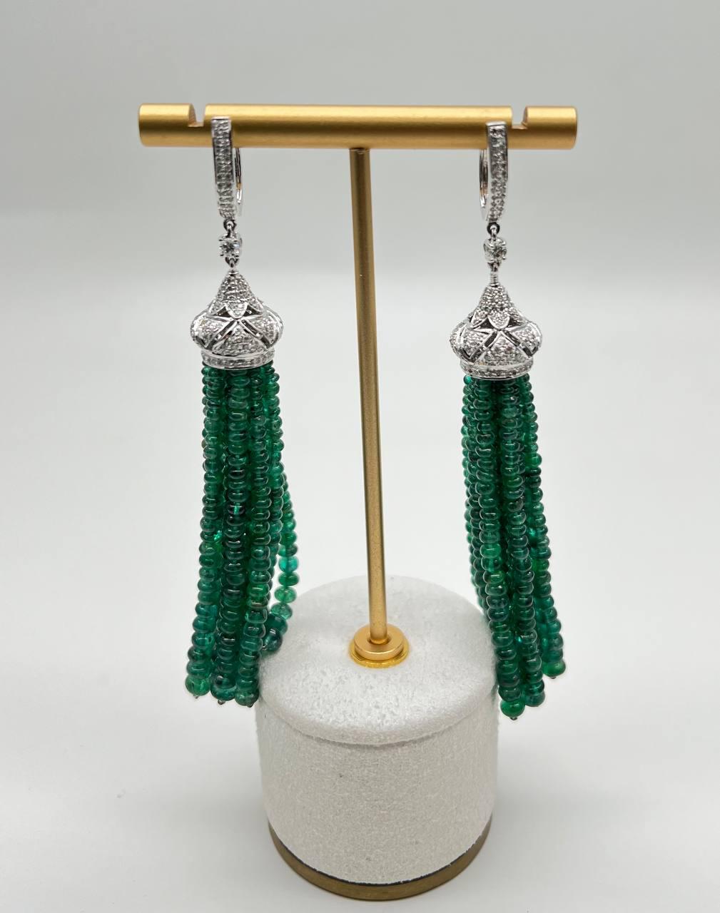 Emerald Bead Chandelier Drop White Diamond 18 Karat White Gold Earrings