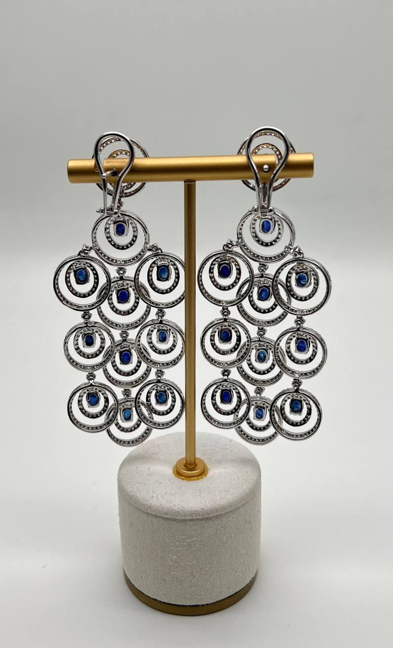 Blue Sapphire &amp; White Diamonds Statement Drop 18K White Gold Chandelier Earrings