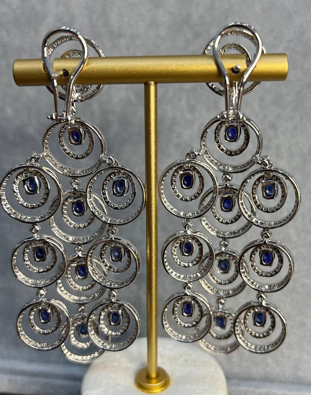 Blue Sapphire &amp; White Diamonds Statement Drop 18K White Gold Chandelier Earrings