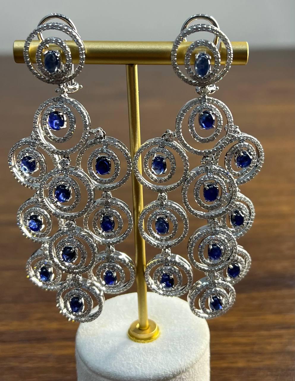 Blue Sapphire & White Diamonds Statement Drop 18K White Gold Chandelier Earrings