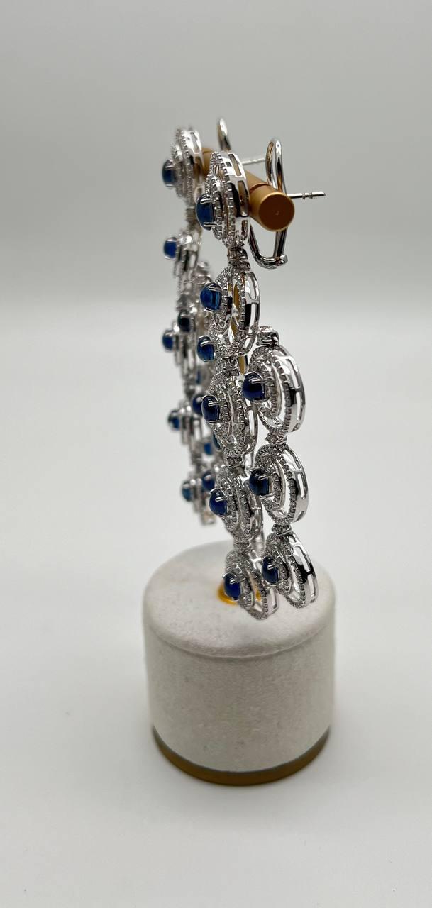 Blue Sapphire &amp; White Diamonds Statement Drop 18K White Gold Chandelier Earrings