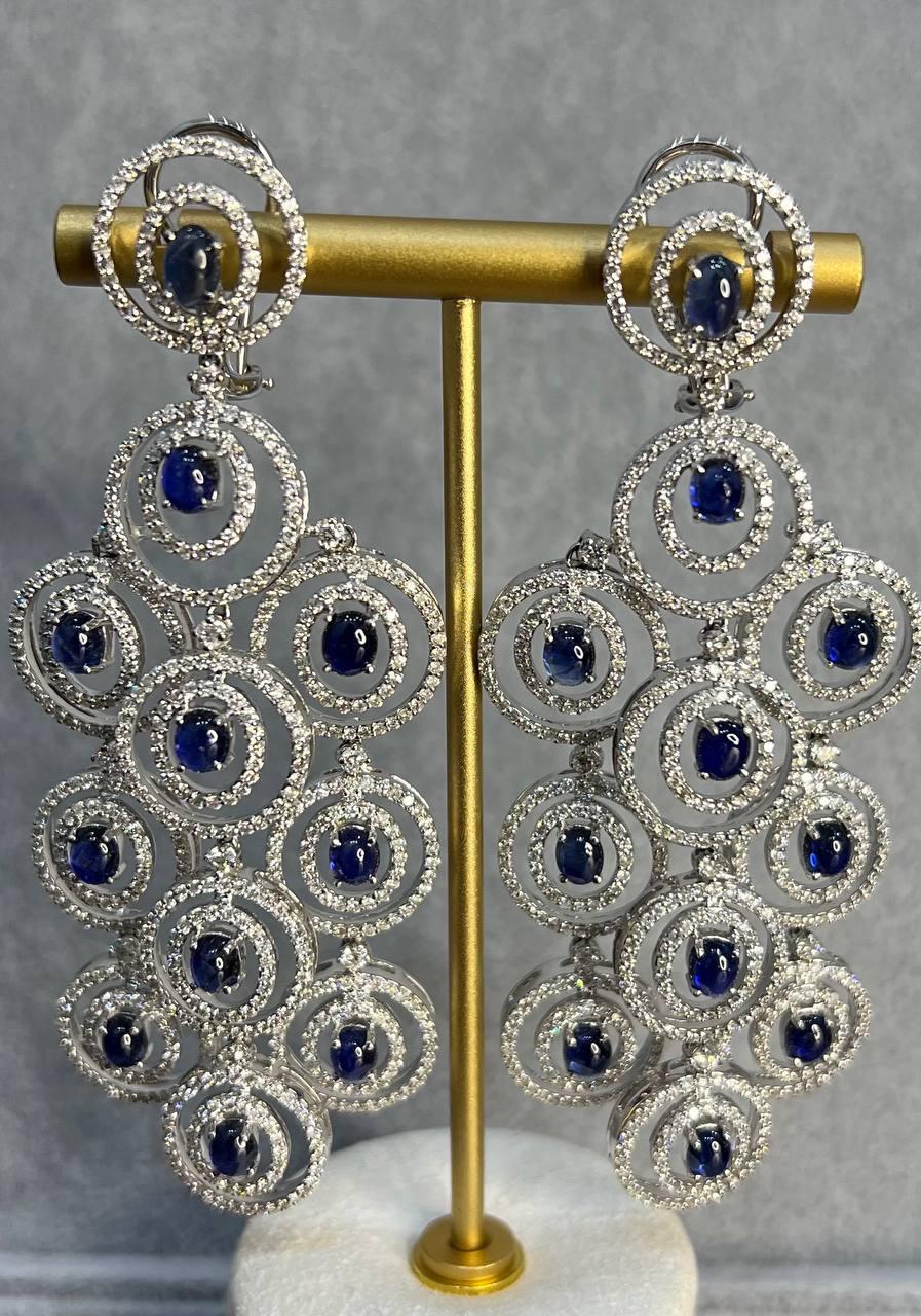Blue Sapphire & White Diamonds Statement Drop 18K White Gold Chandelier Earrings