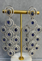 Blue Sapphire & White Diamonds Statement Drop 18K White Gold Chandelier Earrings