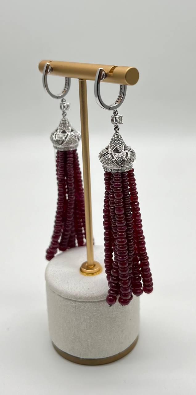 Ruby Bead Chandelier Drop White Diamond 18 Karat White Gold Earrings