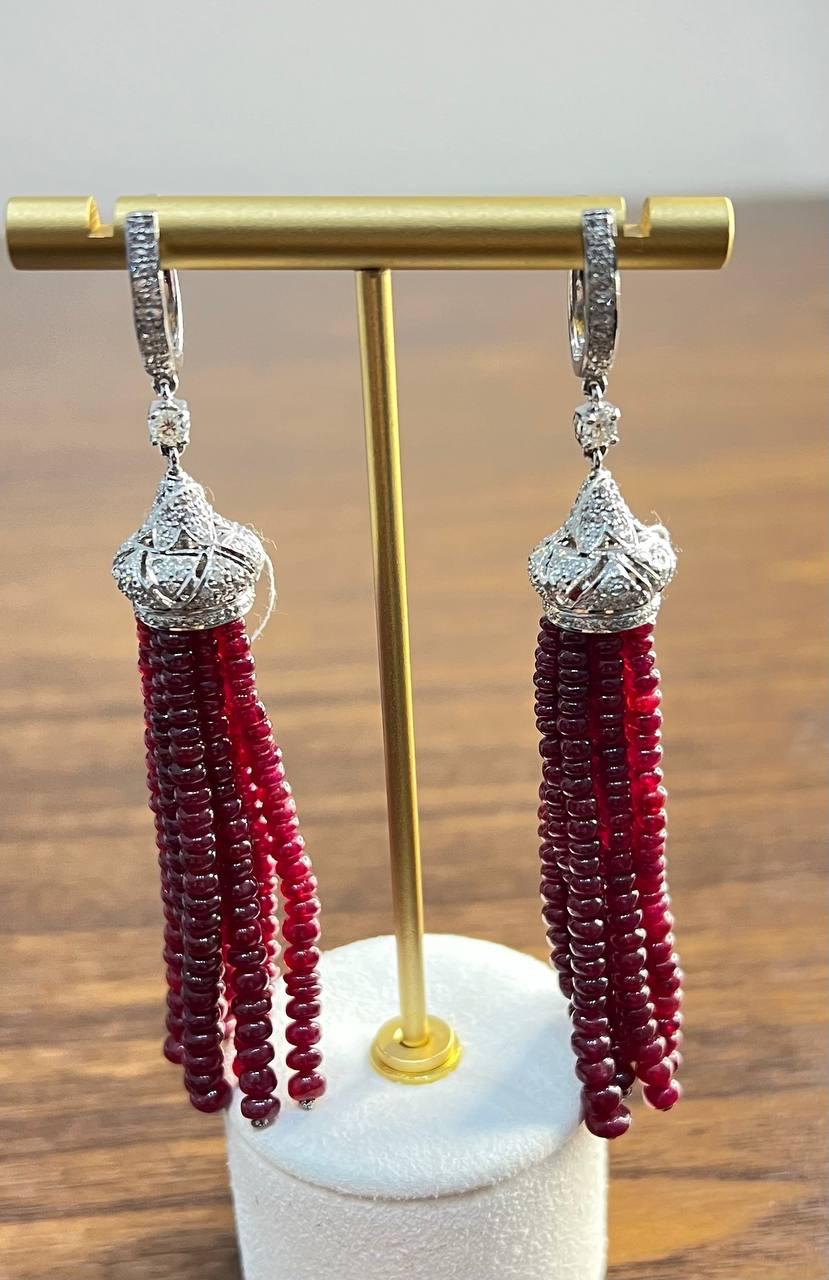 Ruby Bead Chandelier Drop White Diamond 18 Karat White Gold Earrings