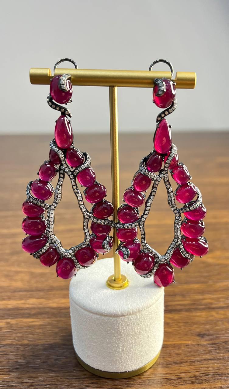 Fancy Shape Red Ruby Cabochons White Diamonds 18 Karat White Black Gold Earrings