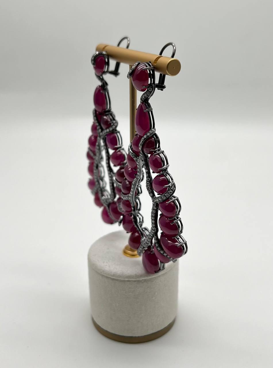 Fancy Shape Red Ruby Cabochons White Diamonds 18 Karat White Black Gold Earrings