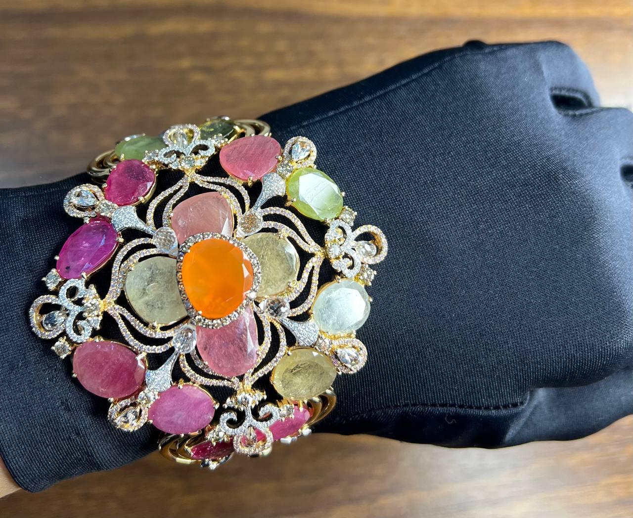 Bracelet with Multi Color Sapphires Fancy Shape Rose Cut 18K Rose Gold Bangle