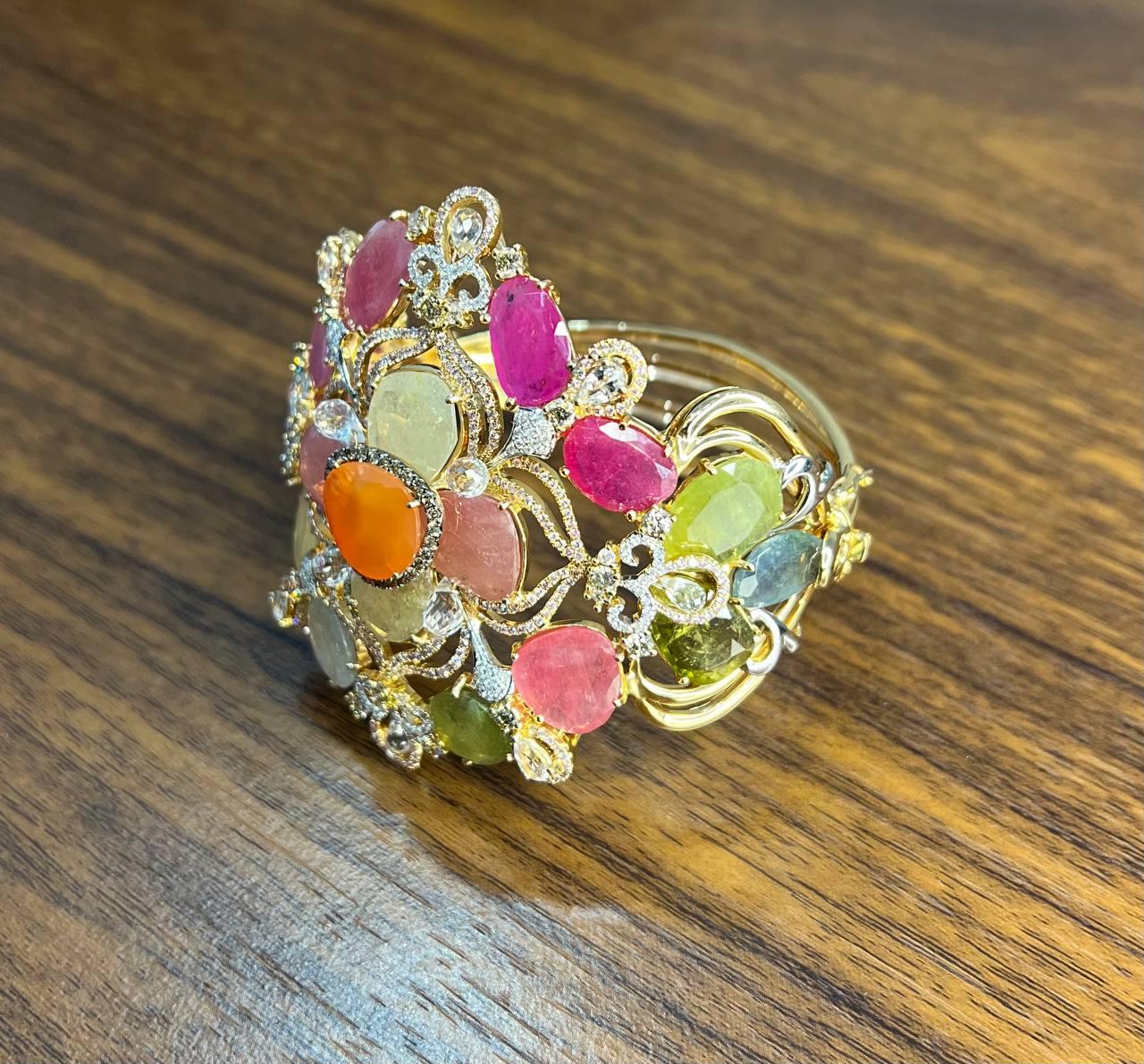 Bracelet with Multi Color Sapphires Fancy Shape Rose Cut 18K Rose Gold Bangle