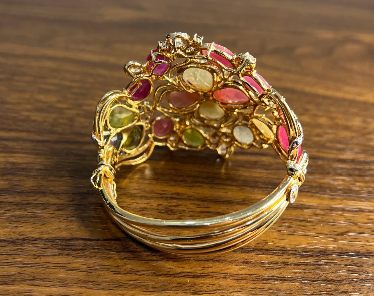 Bracelet with Multi Color Sapphires Fancy Shape Rose Cut 18K Rose Gold Bangle