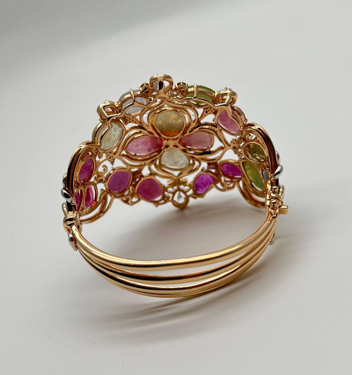 bracelet with multi color sapphires fancy shape rose cut 18k rose gold bangle