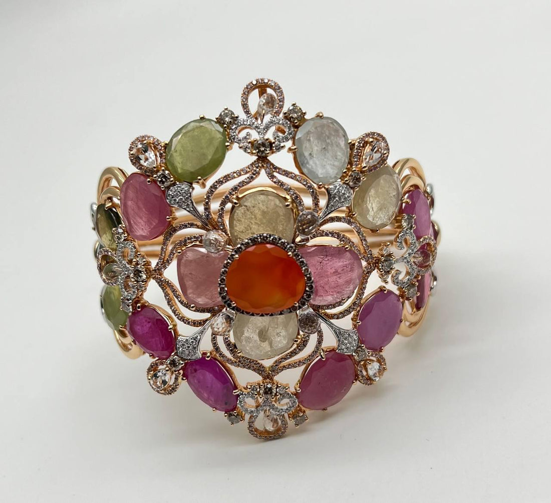 Bracelet with Multi Color Sapphires Fancy Shape Rose Cut 18K Rose Gold Bangle
