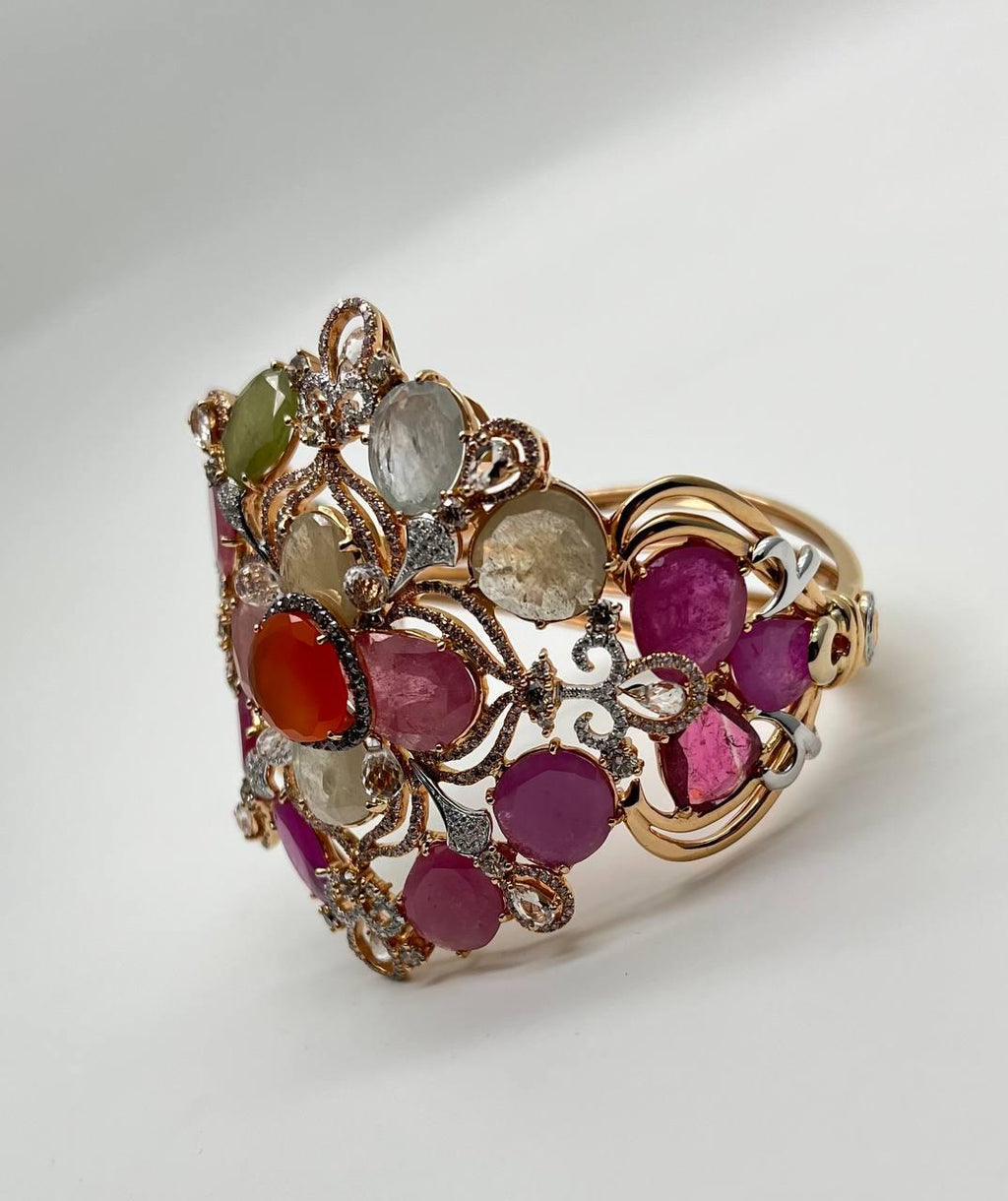 Bracelet with Multi Color Sapphires Fancy Shape Rose Cut 18K Rose Gold Bangle